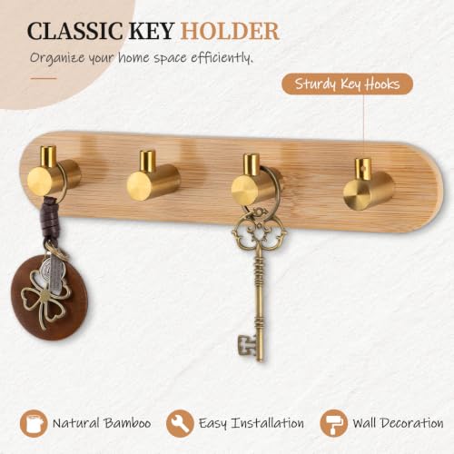 Nekon Bamboo Key Holder with Gold Hooks - Self-Adhesive Wall Organizer