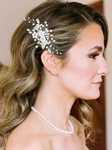 Latious Silver Flower Pearl Bridal Hair Clip with Rhinestones