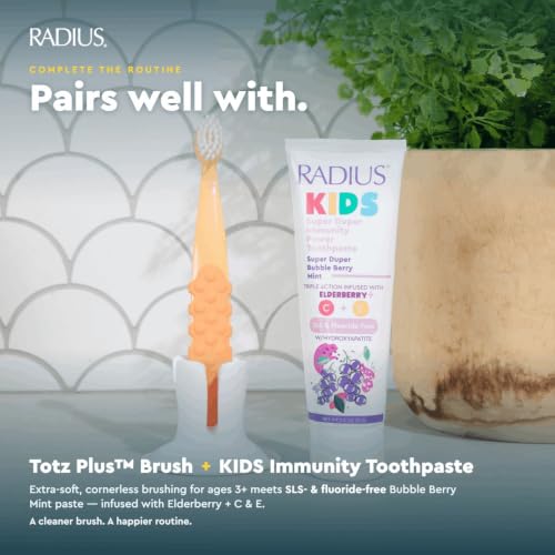 RADIUS Children's Toothbrush Totz Plus Pack of 3 – Extra Soft, BPA-Free, ADA Accepted, Blue/White/Greenyellow