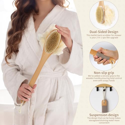 DEBETOOL Double-Sided Shower Loofah with Handle & Anti-Slip Grip