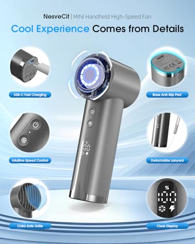 NesveCit Ultra-Powerful Handheld Fan - 18000RPM, 5 Speeds, Rechargeable