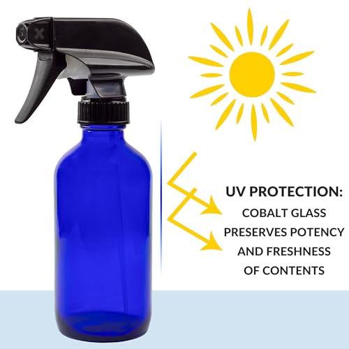 Cornucopia Brands 8oz Cobalt Blue Glass Spray Bottles with Heavy Duty Adjustable Sprayers - Refillable
