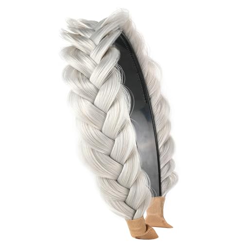 Wide Braided Headband Hoop for Women & Girls - Non-Slip Elastic Hair Accessory (White Grey)
