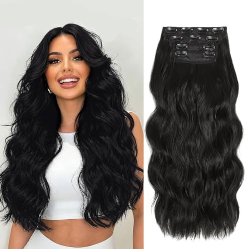 Yulalagaga 24 Inch Wavy Clip In Hair Extensions - 4PCS Natural Black