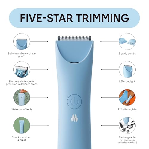 MERIDIAN Slimmer Trimmer ? Electric Bikini Line & Pubic Hair Trimmer for Women, Body Hair Groomer for Intimate Areas, Legs & Underarms, Waterproof & Rechargeable, Sky
