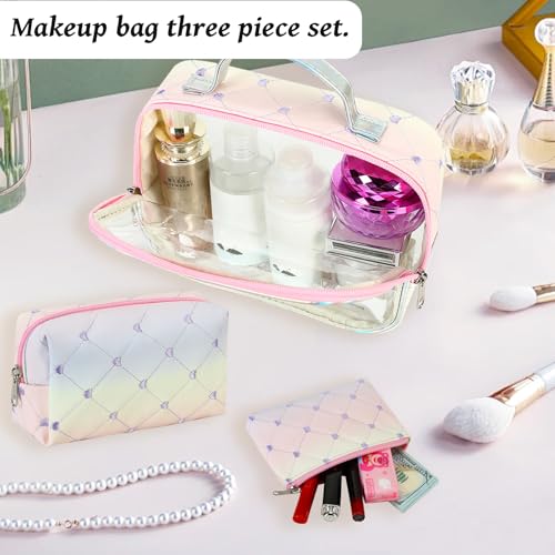 Bluboon Rainbow Heart 2 Makeup Bag Set - 3Pcs Clear Travel Toiletry Bags