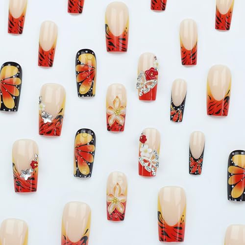 24 Pcs Autumn Butterfly Press-On Nails with 3D Flower Design