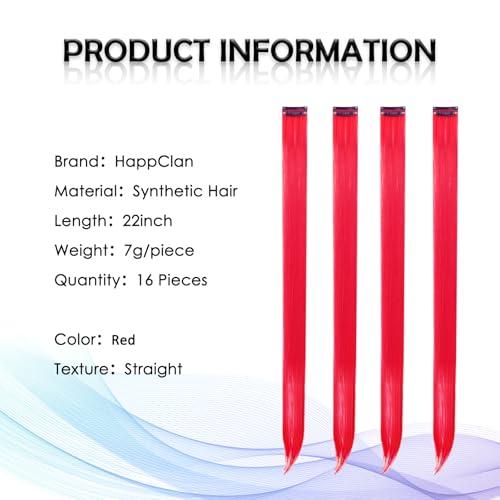 HappClan Red 22 Inch Clip-In Hair Extensions - Colorful Synthetic Rainbow Hairpieces for Girls & Women, Easy DIY Style, Party & Cosplay