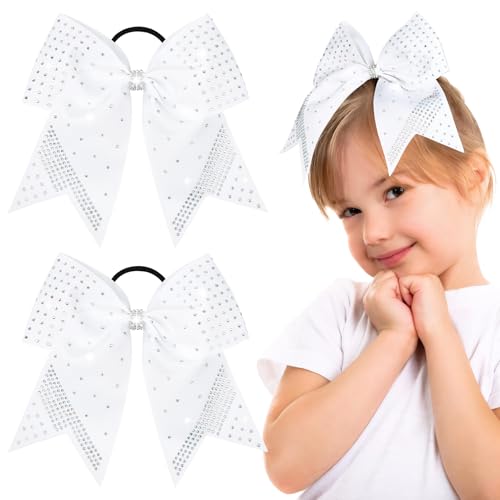 Aileam 2Pcs Glitter White Rhinestone Cheer Bows 7" Large Ponytail Holders