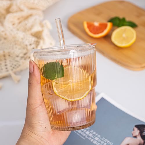 QWEZXO 13oz Glass Coffee Tumbler Set with Lid & Straw - 2 Pack