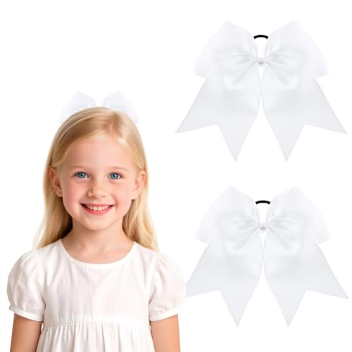 2pcs Cheer Bows for Cheerleaders Elastic Hair Bows - White, 8" Each by Shemboli