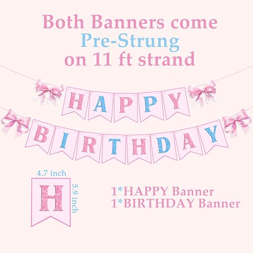 Pink Bow Happy Birthday Decorations Kit - Pre-Strung Banners & Swirls