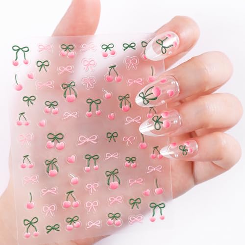 Cherry Nail Stickers - 5D Embossed Rhinestone Bow Nail Art Set