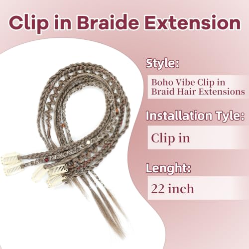 Boho Clip-In Braids 22in Hair Extensions 6Pcs Handmade Viking Bead Style