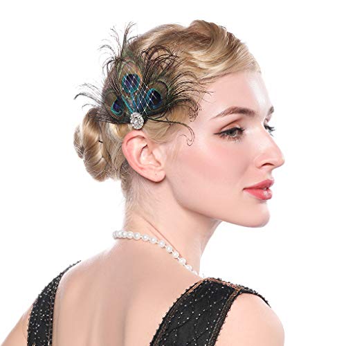1920s Flapper Peacock Feather Hair Clip with Crystals for Prom Party