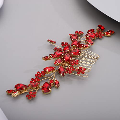 Chargances Handmade Red Crystal Gemstone Hair Comb Bridal Headpiece Wedding Accessory