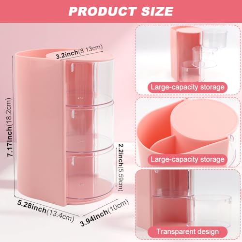 Pink Rotating Hair Accessories Organizer with Brush Holder, 3-Tier Storage