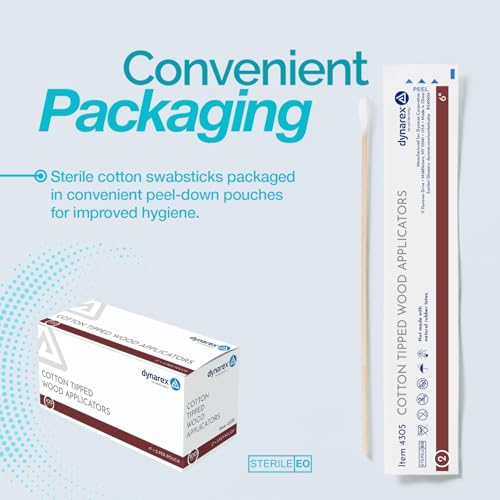Dynarex 6" Cotton Tipped Wood Applicators, Sterile – Wound Care & Cleaning (100 Pouches, 2 per pouch)