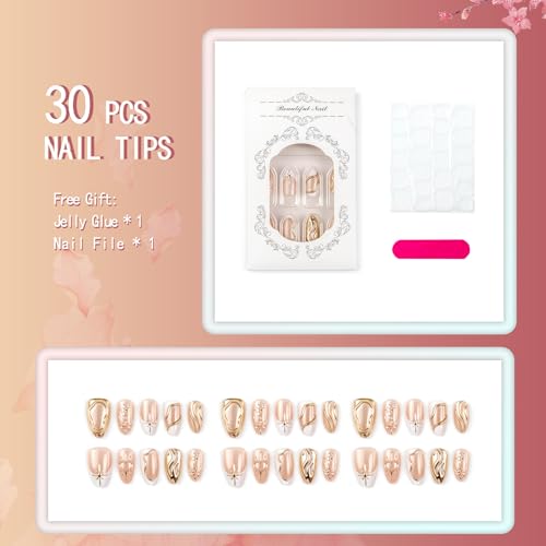 PEPFTG Champagne Gold Almond Press On Nails 3D Luxury Fake Nails 30 Pcs