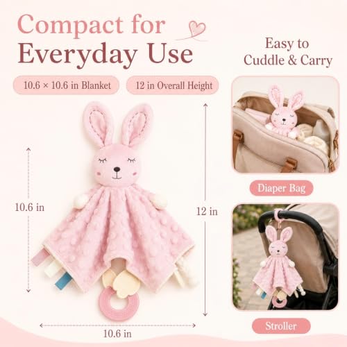ZIGJOY Pink Bunny Security Blanket for Baby Girls - 4-in-1 Sensory Lovey