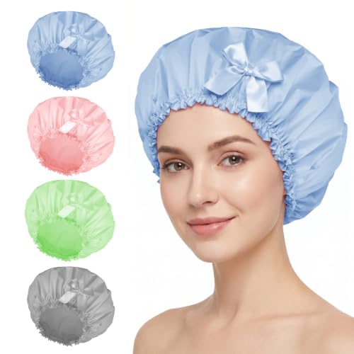 Large Waterproof Shower Cap Set for Women - 4 Reusable Hair Caps