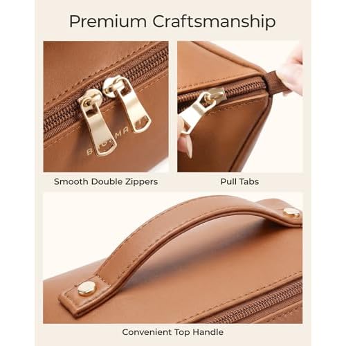BAGSMART Makeup Bag Travel Cosmetic Bag, Large Make Up Bag Flat Open Toiletry Bag for Women, PU Leather Travel Essentials Organizer Case, Wide-open Pouch Purse for Skincare, Brushes, Classic Brown