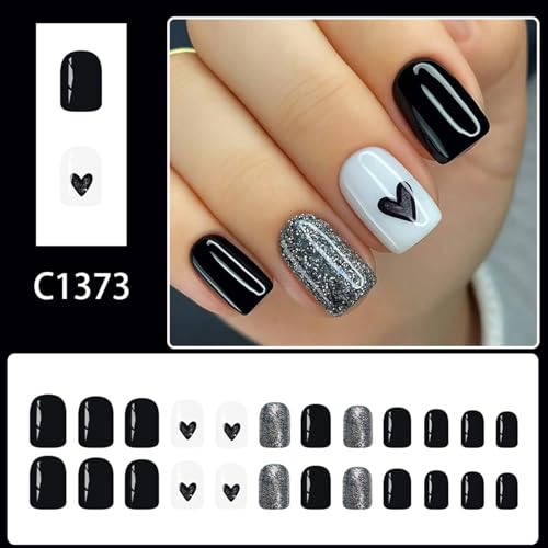 Vopintpy Valentines Press on Nails 1940 - Short Square Silver Glitter Fake Nails for Women, Romantic DIY Manicure