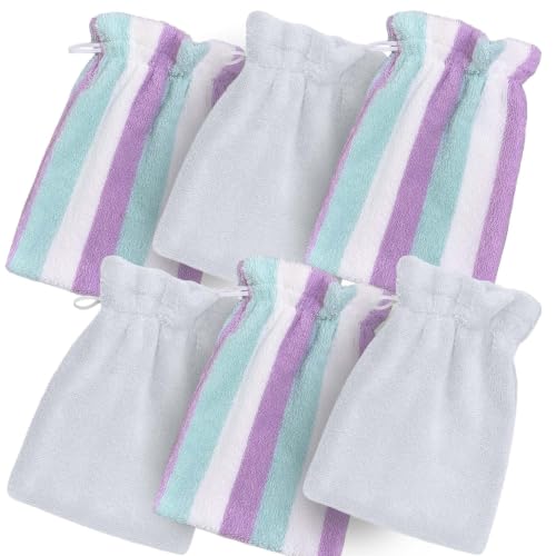 VOOVA & MOVAS 6-Pack Bath Gloves Purple & Aqua Stripes with Loop - Soft Cotton Wash Mitts for Body & Face