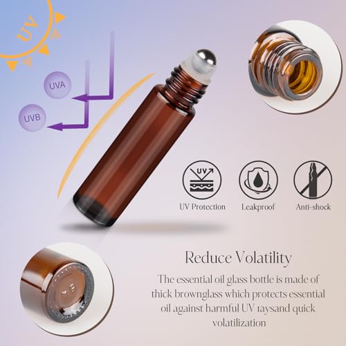 10ml Amber Roller Bottles for Essential Oils - 4 Pack with Stainless Steel Balls