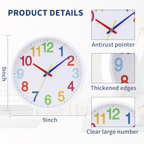 Silent Wall Clock for Kids - 9 Inch Quartz Time Teaching Decor