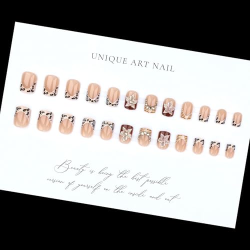 Valentine Heart Nails Press On Nails 24Pcs Short Almond French Tip with Floral, Leopard, 3D Gold Rhinestones - WULIUFLY Heart Nails