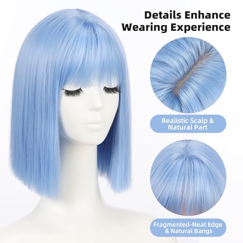 Sky Blue Short Bob Wig for Women 12 Inch Heat-Resistant Synthetic Hair for Daily & Party Use
