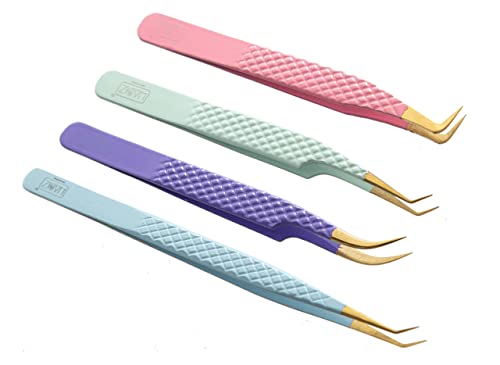 HADIZ Combination Fiber Tip Tweezers Set of 4 - Japanese Stainless Steel Lash Tweezers for Eyelash Extensions