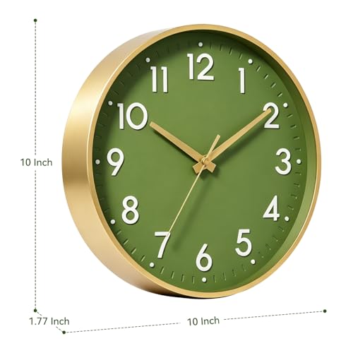 10 Inch Silent Wall Clock - Olive Green & Gold Modern Design