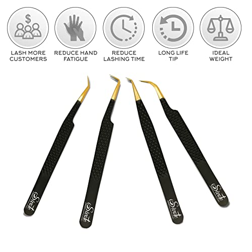 SIVOTE Fiber Tip Lash Tweezers Set of 4 with Black Variation - Diamond Grip Japanese Steel Anti-Rust