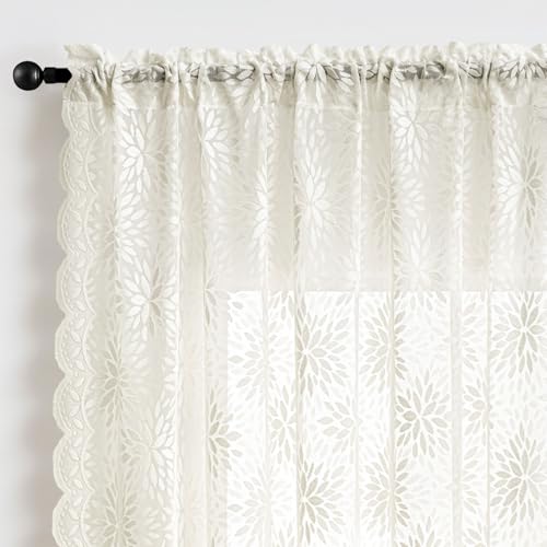MIULEE Vintage Floral Lace Curtains - 2 Panels, Ivory 52" x 63"