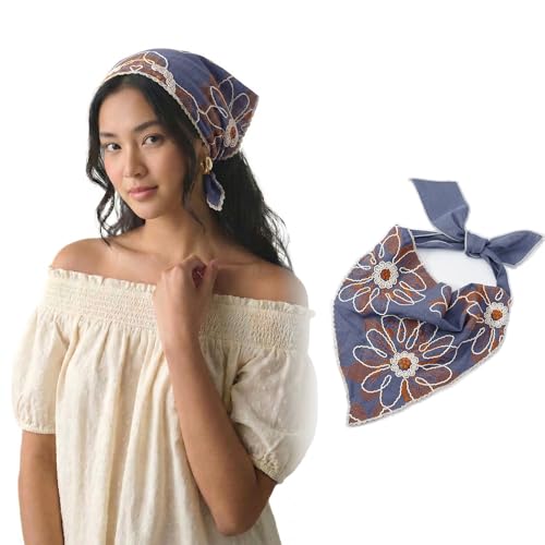 Dusty Blue Floral Embroidered Triangle Head Scarf for Women