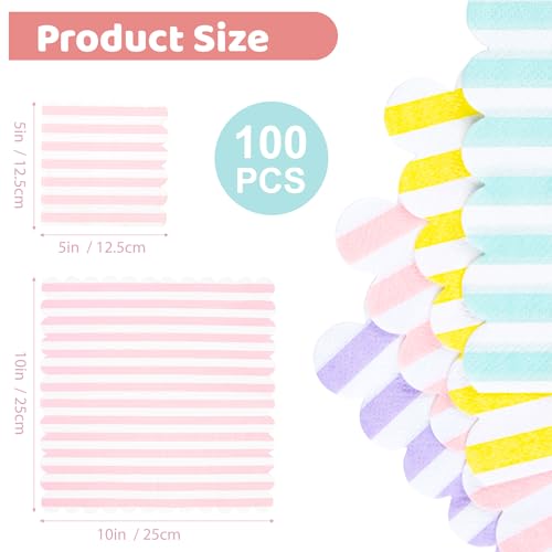 100 Pastel Striped Disposable Cocktail Napkins - 5x5 Inches Scalloped Design for Parties
