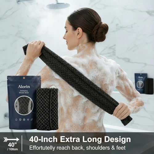 Alorin 40-Inch Extra-Long Exfoliating Shower Towel - Dual-Textured Scrubber