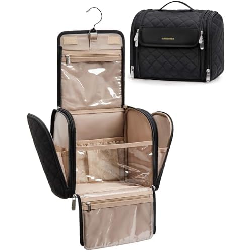 BAGSMART Makeup Bag for Women with Hanging Hook - Portable Cosmetic Case, Large Capacity Door Room Essentials Travel Organizer for Full Sized Cosmetics and Toiletries, Black
