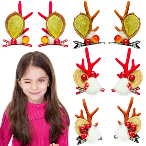 4 Pairs Cute Christmas Hair Clips Reindeer Antlers Ears Bow