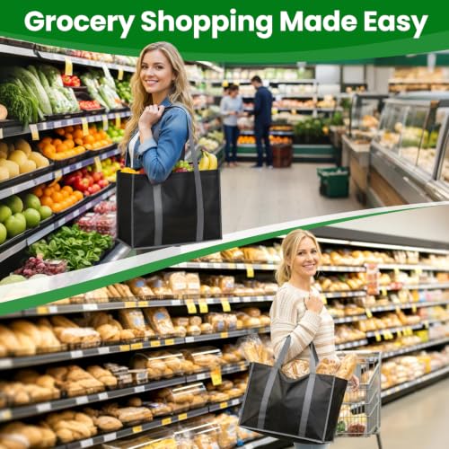Reusable Grocery Bags with Long Handles - 3 Pack Black Totes