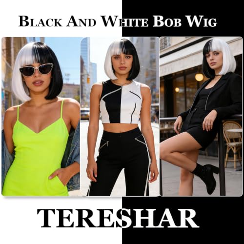 Short Black and White Bob Wig with Bangs for Cosplay and Halloween
