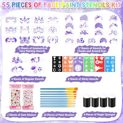 Face Paint Stencils Kit with Brushes & Gems for Halloween & Parties - 55PCS