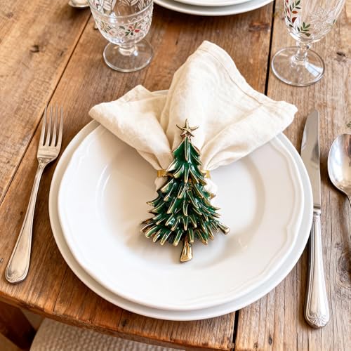 Christmas Tree Napkin Rings Set of 4 - Gold Alloy Holders with Star Topper