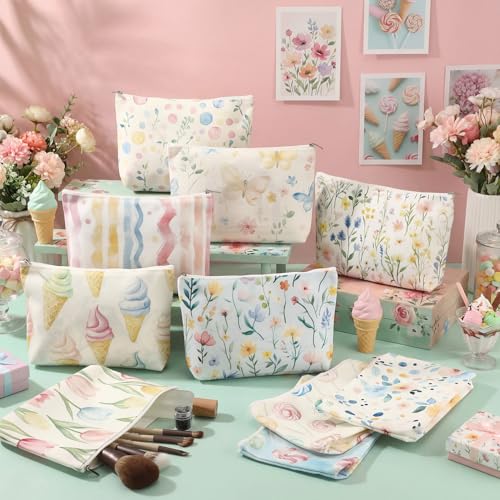 10-Pack Candy Canvas Makeup Bags for Women - Floral Cosmetic Pouches