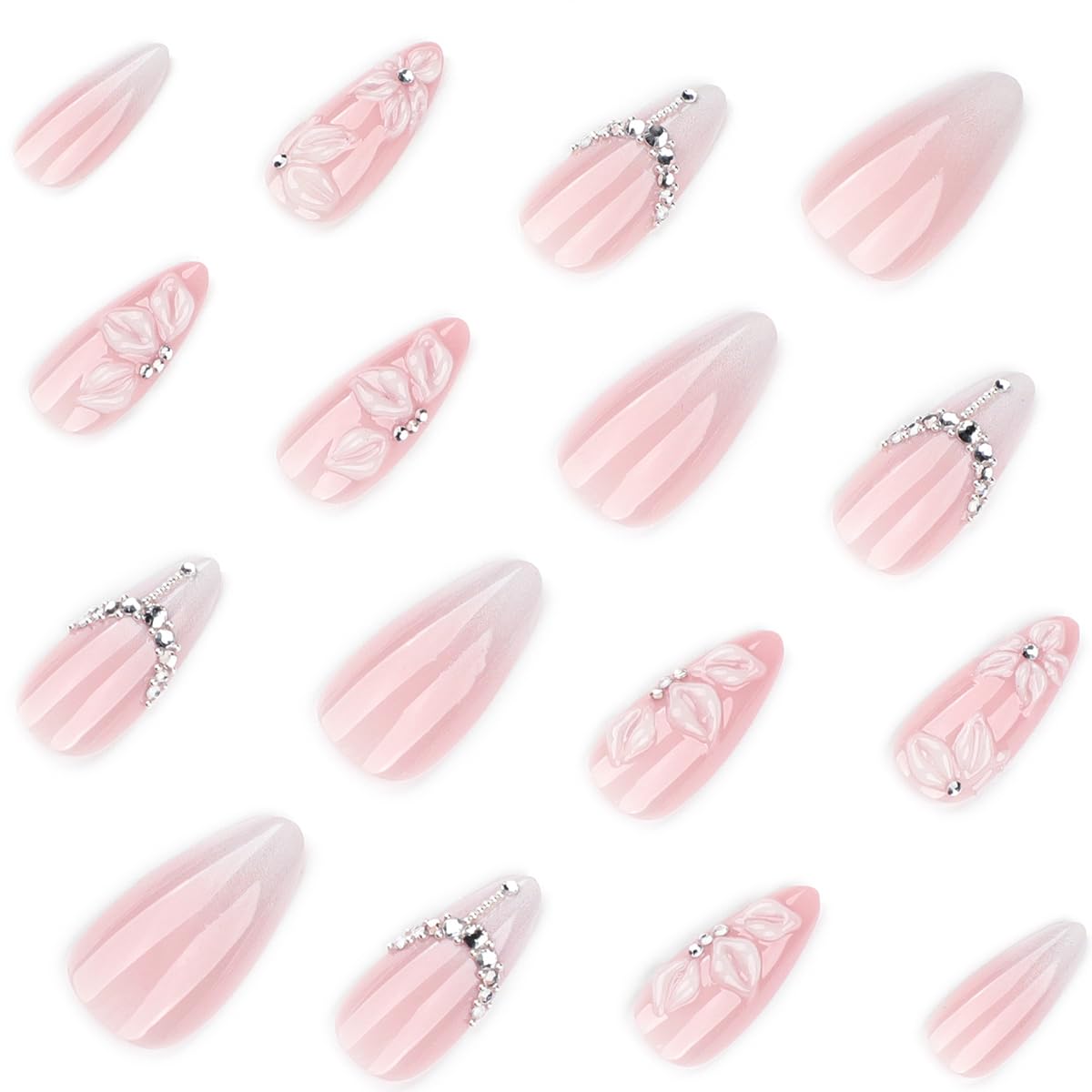 24Pcs 3D Flower Press on Nails Medium Almond Fake Nails Flowers Rhinestones Glitter Designs Full Cover White French Tip Stick on Nails Spring Summer False Nails for Women Acrylic Artificial Manicure