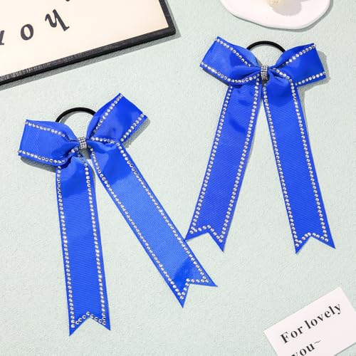 Royal Blue Cheer Bows 12 pcs Collegiate Style Rhinestone Ponytail Holders Girls Teens