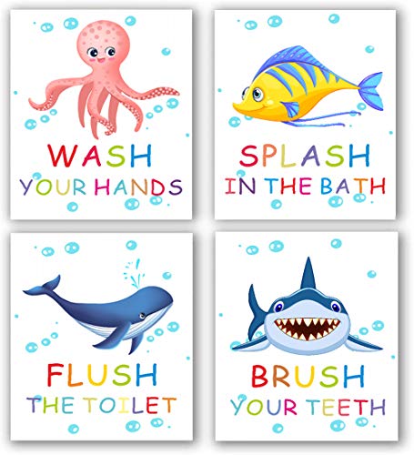 Colorful Ocean Animal Quote Art Print Set for Kids' Bathroom - 4 Unframed 8x10 Canvas Prints