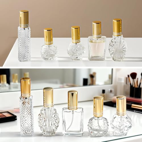H&D HYALINE & DORA Gold Vintage Glass Refillable Perfume Bottles Set of 5